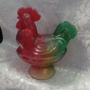 RARE 3 tone Antique Original Depression Glass Rooster Hen Candy Dish